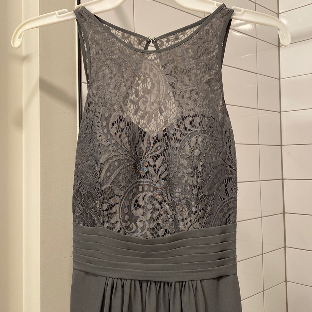 Gray lace top floor length bridesmaid dress